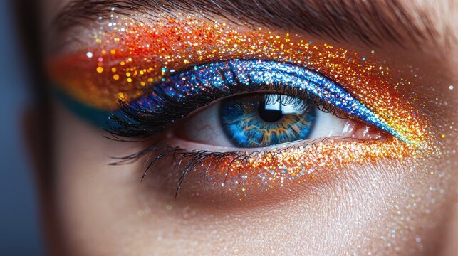 Rainbow Eye Makeup Art Close up of an eye with multi colored eyeliner creating a winged effect, showcasing a bold and colorful makeup style.