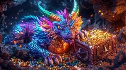 Rainbow Mythical Dragons A fierce dragon with rainbow horns and claws guarding a treasure chest filled with gold and jewels, in a dark cave.