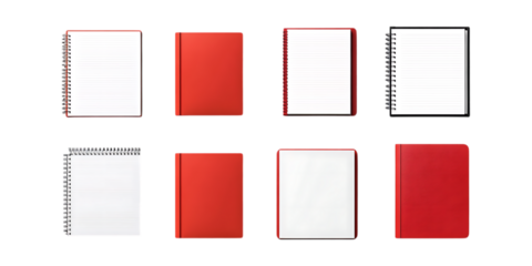 A collection of eight notebook and book covers with blank pages provides versatile templates for print or web design.