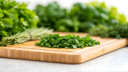Eco-Conscious Consumer Freshly chopped herbs on bamboo cutting board in kitchen setting