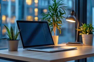 Professional workspace with a sleek laptop on a modern desk, minimalist