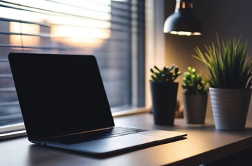 Fototapeta premium Professional workspace with a sleek laptop on a modern desk, minimalist