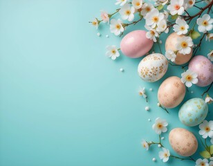 A vibrant spring banner featuring pastel Easter eggs and white blossoms on a teal background, perfect for seasonal sales and celebrations. 