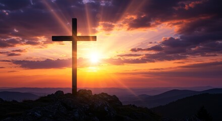 Wooden cross on a hill at sunset