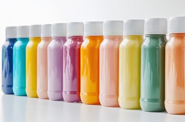Row of colorful protein shake bottles, neatly arranged, white background