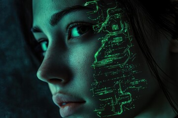A woman's face is partially overlaid with a glowing green circuit board design, suggesting a fusion of technology and humanity.