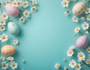 A vibrant spring banner featuring pastel Easter eggs and white blossoms on a teal background, perfect for seasonal sales and celebrations. 