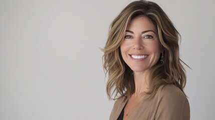 Fototapeta premium Confident Businesswoman Posing with a Bright Smile in Studio Setting
