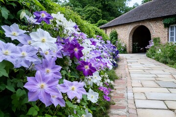 Purple and white clematis flowers growing along a brick and stone path in a garden
