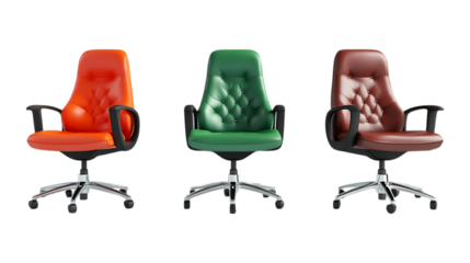 Three executive office swivel chairs in red, green, and brown leather are arranged linearly on a plain transparent background for business visuals.