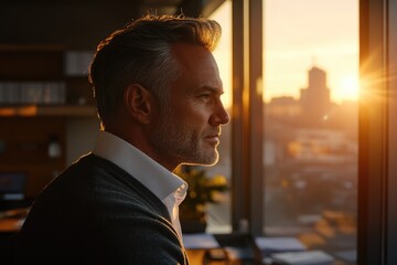 A contemplative middle-aged man looks out a window at sunset, lost in thought.
