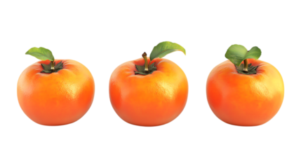 Three ripe orange apples with small green leaves are precisely aligned for healthy eating promotional graphics isolated on a transparent background.
