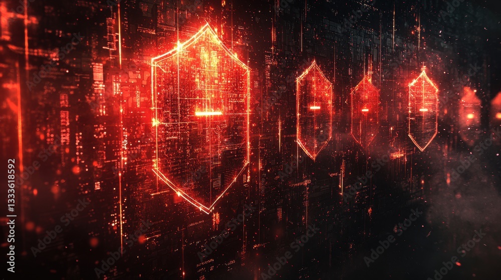 Poster protection hacker prevention group of shields blocking incoming cyberattacks represented by digital 