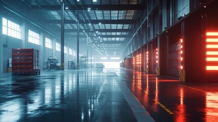 Fototapeta premium Futuristic Digitalized Warehouse with High-Tech Equipment and Lighting