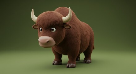 Cartoon Yak Standing on Green Background with Fur and Horns