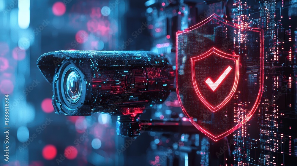 Poster protection hacker prevention security camera monitoring a computer network with a shield icon overla