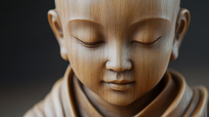 A close-up of a masterfully sculpted young Shaolin monk's face, eyes closed in deep meditation, his shaved head and serene expression capturing the essence of tranquility