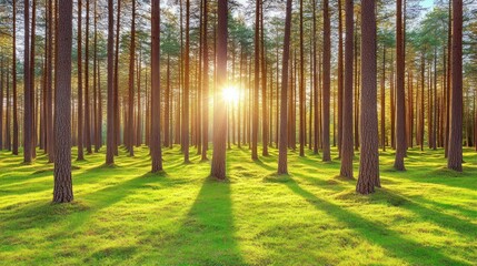 Sunset in a pine forest