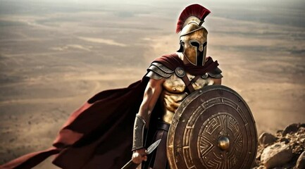 Spartan Warrior Stands Proudly with Shield of Honor, smooth repeating motion for background video animation