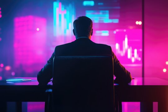 A businessman sits in a dark chair, reviewing vibrant financial data displayed on large screens.