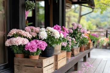 Fototapeta premium Colorful carnations and peonies decorating a wooden house porch