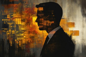 Abstract silhouette of a businessman overlaid with a digital cityscape, representing the intersection of business and technology.