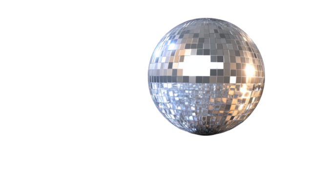 A shiny disco ball reflecting light on a transparent background
