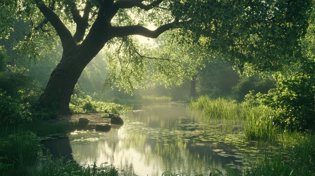 Serene Green Forest Landscape with Reflection in Calm Water