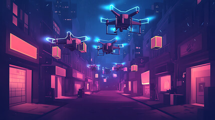 Obraz premium Futuristic city street illuminated by neon lights with drones delivering packages at night