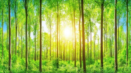 Sunlit forest, trees, green canopy, nature