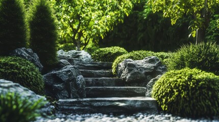 Obraz premium Serene Garden Pathway with Lush Greenery and Natural Stones