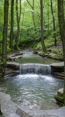 Obraz premium Natural waterfall cascading through lush greenery in a serene forest setting during daytime