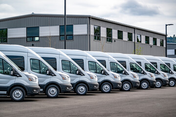 Compact gray cargo commercial mini vans standing in row on industrial warehouse parking lot waiting for the next local deliveries