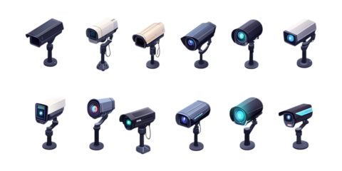 Twelve isometric security cameras variations are displayed as a collection for surveillance system design or technology concepts isolated on a white.