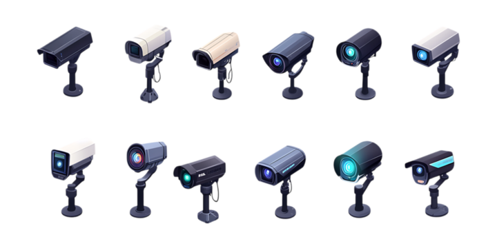 Pack CCTV Security Camera Set on Transparent Background for Surveillance and Safety