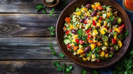 A vibrant Moroccan couscous salad featuring colorful vegetables, olives, and fresh herbs served on a rustic wooden table.