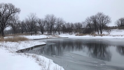 Obraz premium Snowy Winter Landscape: Tranquil River and Snow Covered Trees