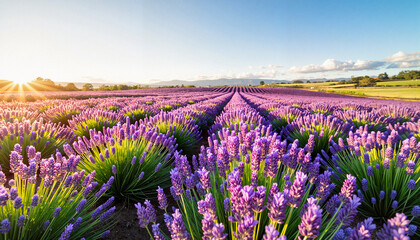 Fototapeta premium Vibrant lavender field blooming under sunrise, nature’s tranquility