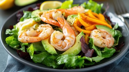 A vibrant salad featuring fresh avocado, mixed lettuce, and succulent shrimp, highlighting a healthy and appealing vegan food concept.