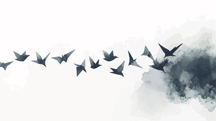 The image is a digital painting or illustration featuring a stylized flock of birds in flight.  The birds are rendered in shades of dark grey/blue, with a simplified, almost geometric form. They