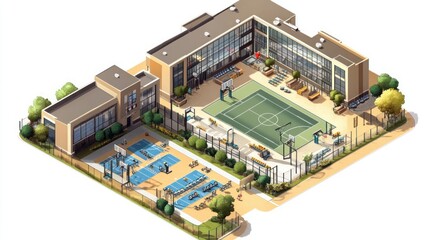 Isometric School Campus with Outdoor Courts