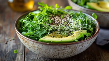 A vibrant vegan breakfast bowl featuring fresh spinach, arugula, creamy avocado, crunchy seeds, and nutrient-rich sprouts.