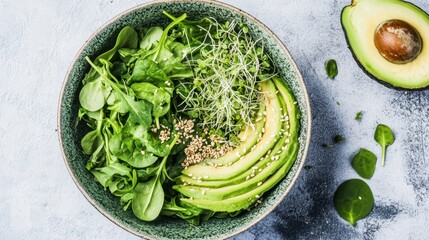 Obraz premium A vibrant vegan breakfast bowl featuring fresh spinach, arugula, creamy avocado, crunchy seeds, and nutrient-rich sprouts.