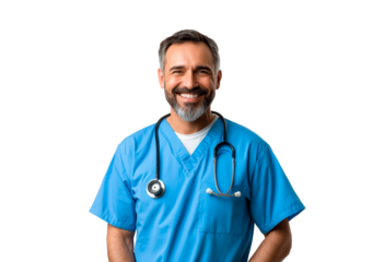 Happy smiling doctor or male nurse in blue uniform with stethoscope isolated on transparent background