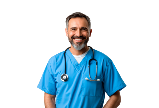 Happy smiling doctor or male nurse in blue uniform with stethoscope isolated on transparent background