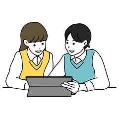 Fototapeta premium タブレットを使って一緒に学習する学生たちのイラスト