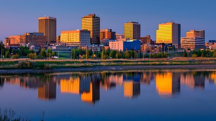 Obraz premium Stunning Sunset Skyline Reflection over Urban Cityscape and River