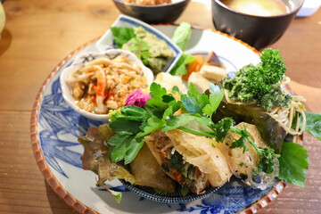 ヘルシーなレストランの野菜春巻きのランチ