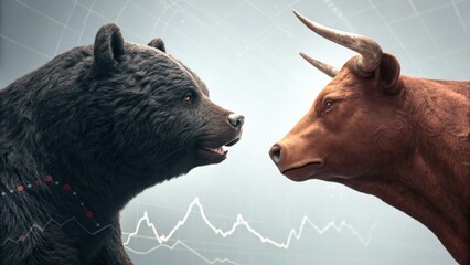 Stock Market Showdown: A powerful bull and a formidable bear face off, symbolizing the dynamic forces of the stock market and the fluctuating nature of financial trends.