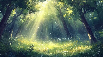 Obraz premium Sunlight streams through forest clearing